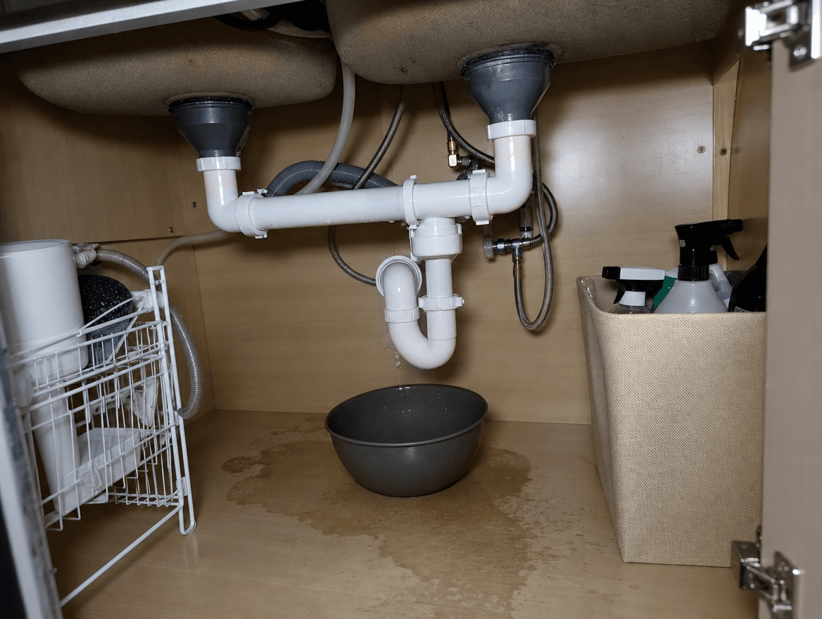 Customer's phone photo of a small leak beneath a kitchen sink