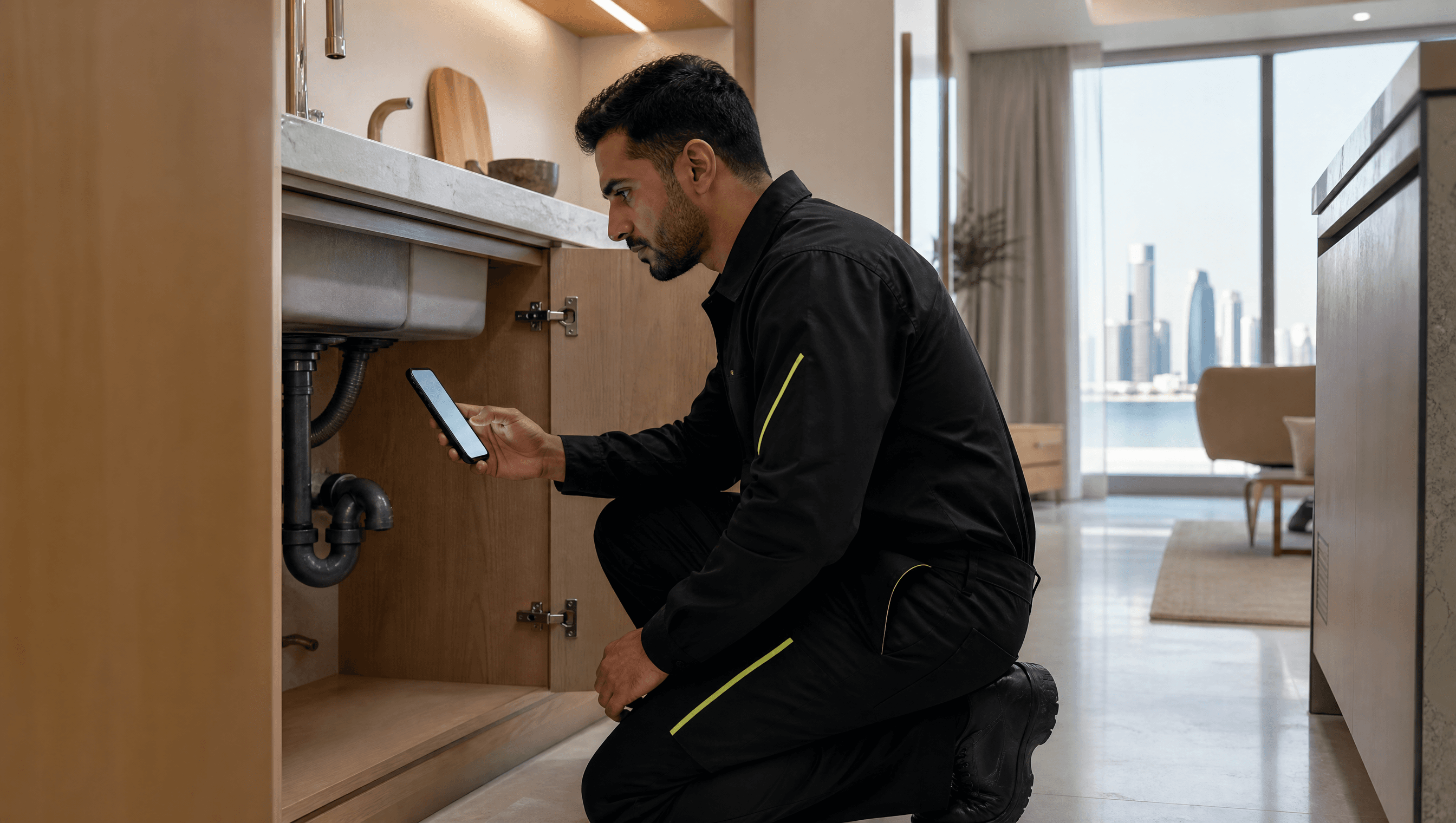 Technician documenting findings on a device beside an open under-sink cabinet