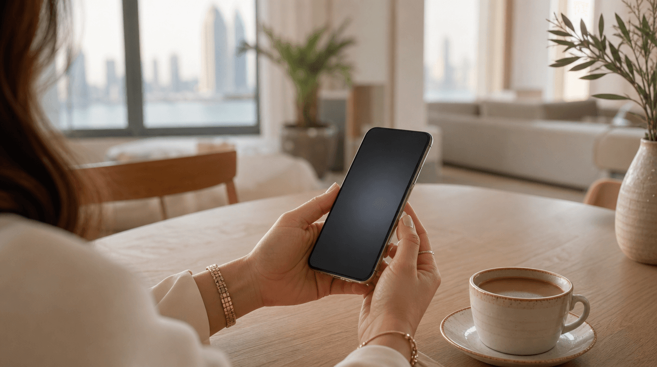 Customer holding a phone at a dining table, quote interface overlaid by the site