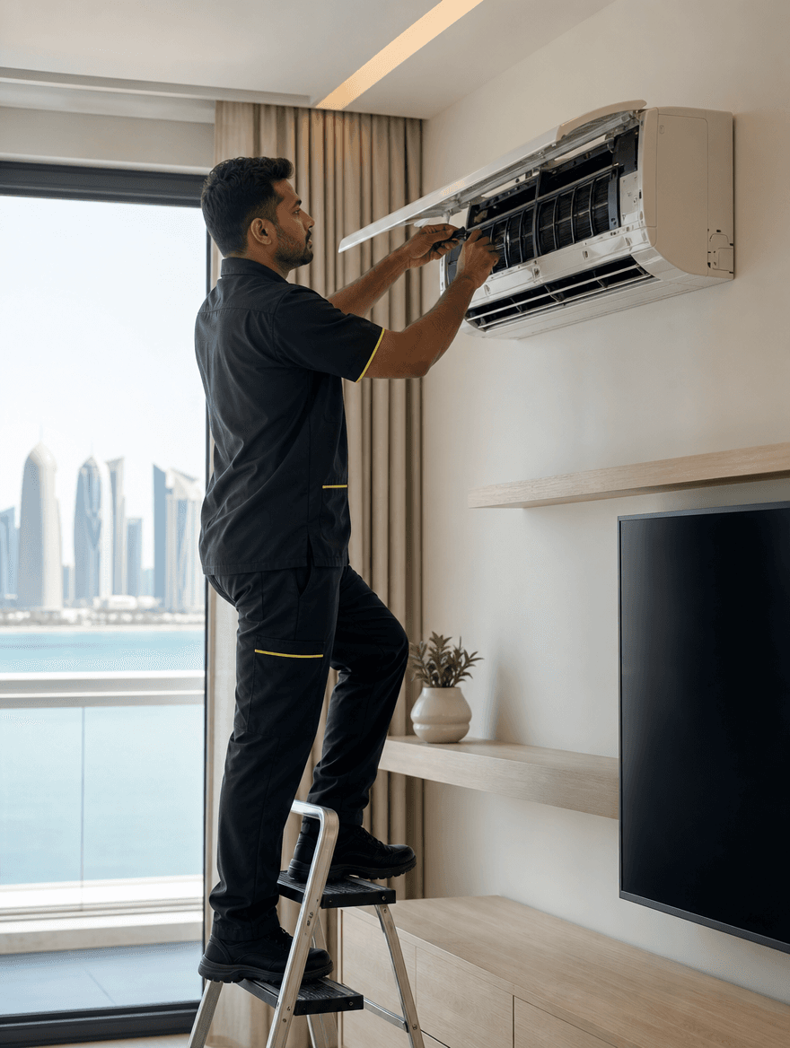 AC technician inspecting a wall-mounted unit inside a Qatar apartment