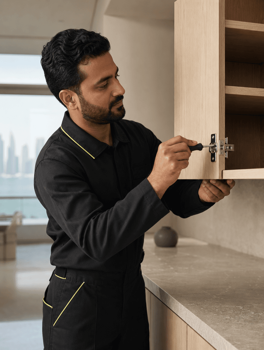 Close detail of a carpenter realigning a premium kitchen cabinet door