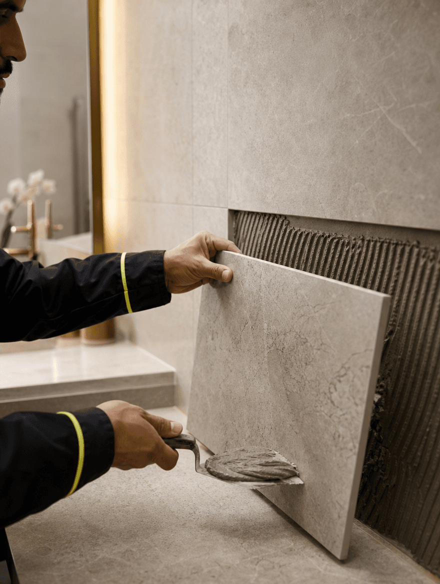 Controlled close-up of a small residential tile repair with a premium finish