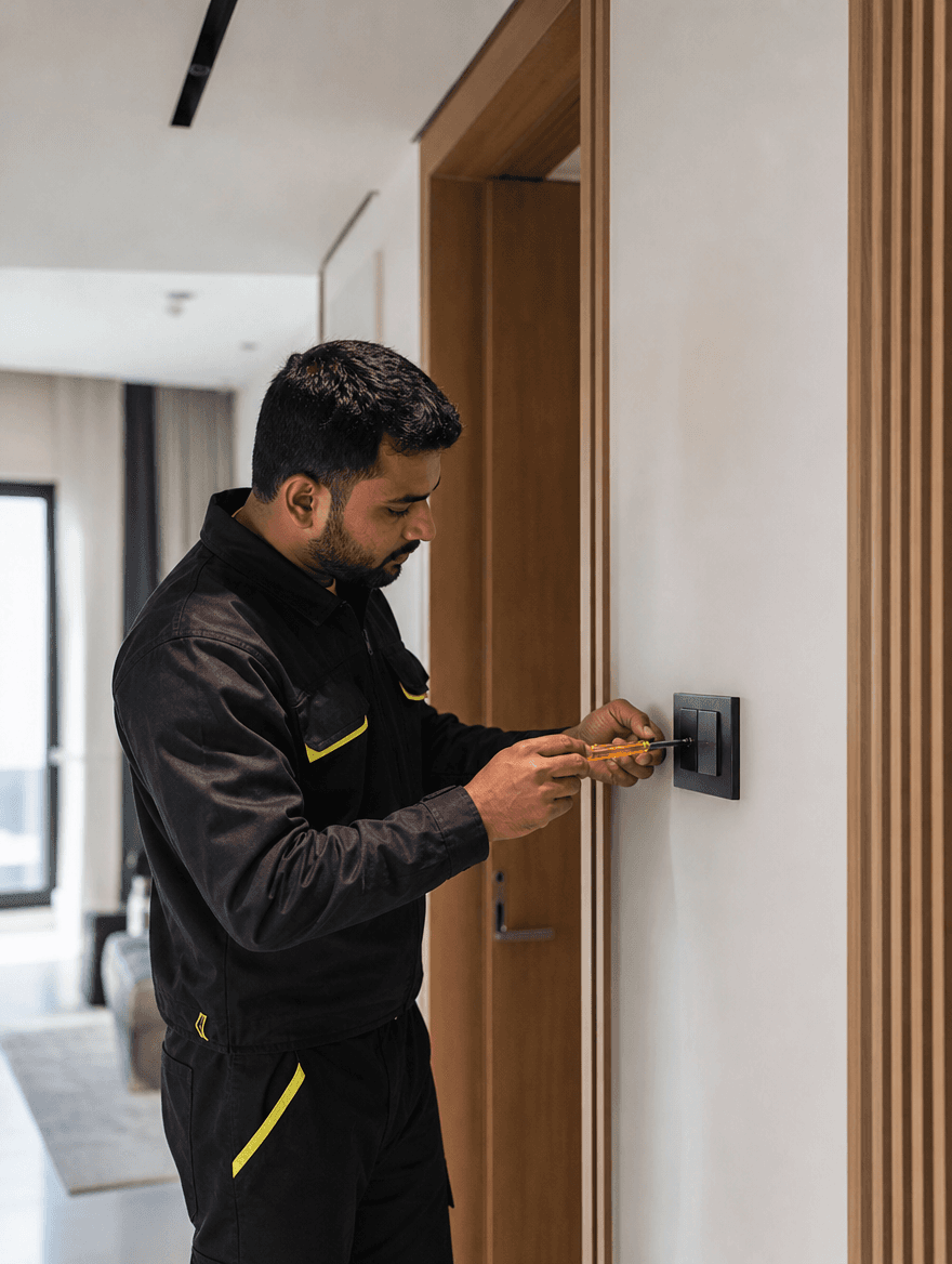 Electrician inspecting a wall switch in a modern Doha residence