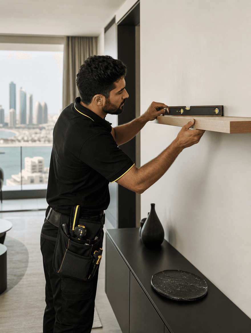 Handyman mounting a floating shelf with a spirit level in a contemporary apartment