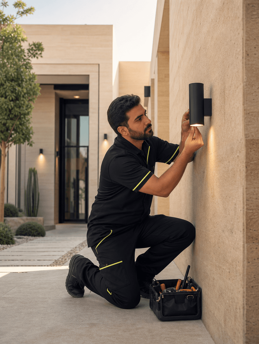Technician adjusting an outdoor light fixture in a modern Doha villa courtyard