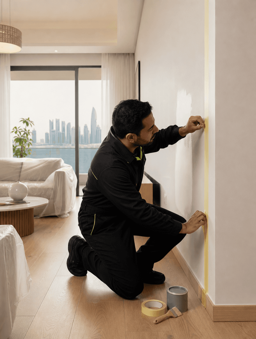 Clean wall-painting preparation with protected furniture and precise edge work