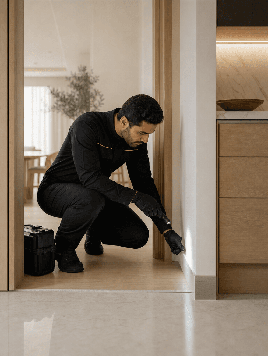 Discreet professional pest inspection at a kitchen threshold