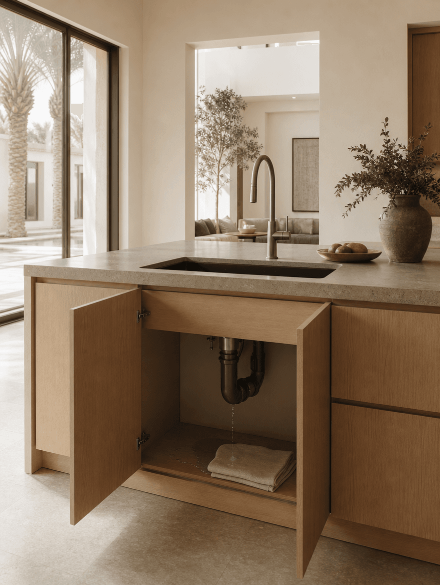 Refined Doha kitchen with a subtle leak beneath the open sink cabinet
